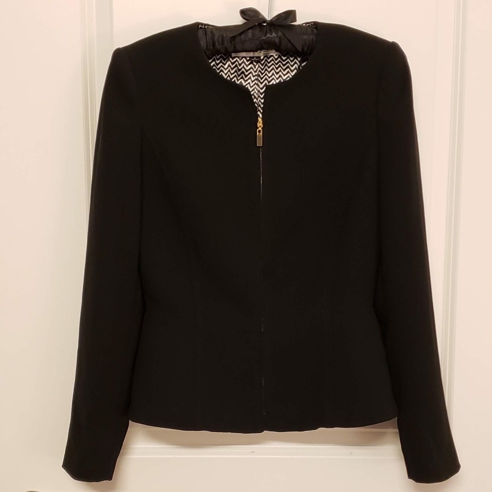 Tahari Black Round Neck Blazer with Gold Zipper